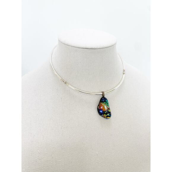 Handmade Dichroic Glass Pendant Silver Necklace Iridescent Multicolor - Picture 7 of 11